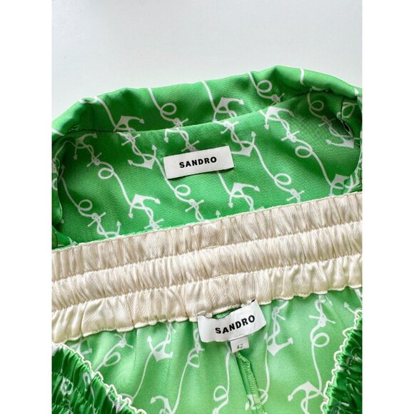 NWOT SANDRO Voillier Green Anchor Print Satin Pajama Playsuit Set, Size 3/42 - Picture 13 of 16